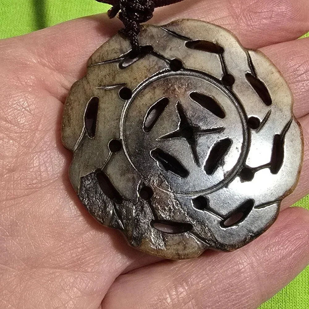 Hand-Carved Floral Jadeite Pendant Necklace With Adjustable Burgundy Cord - Picture 9 of 10